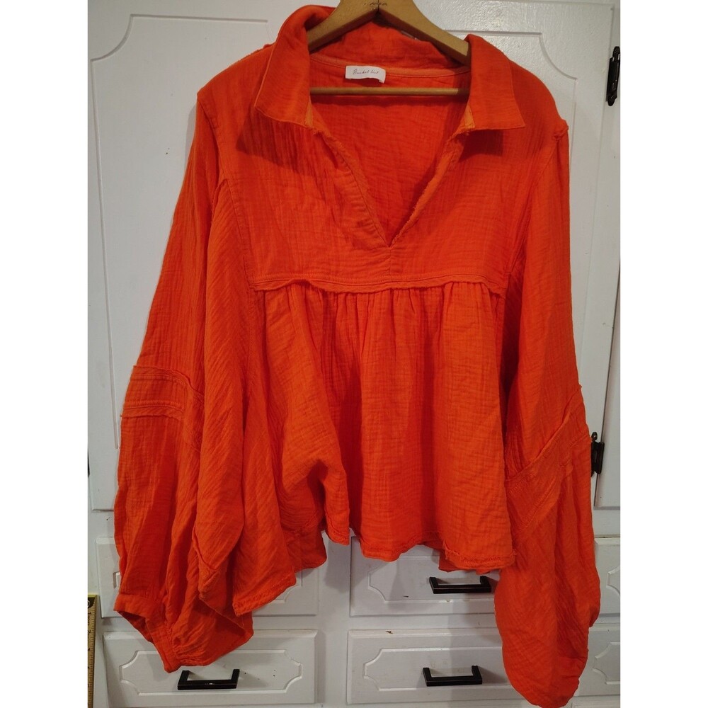Bucket List Boho Ruffle Top Blouse Large Orange Dolman Sleeve